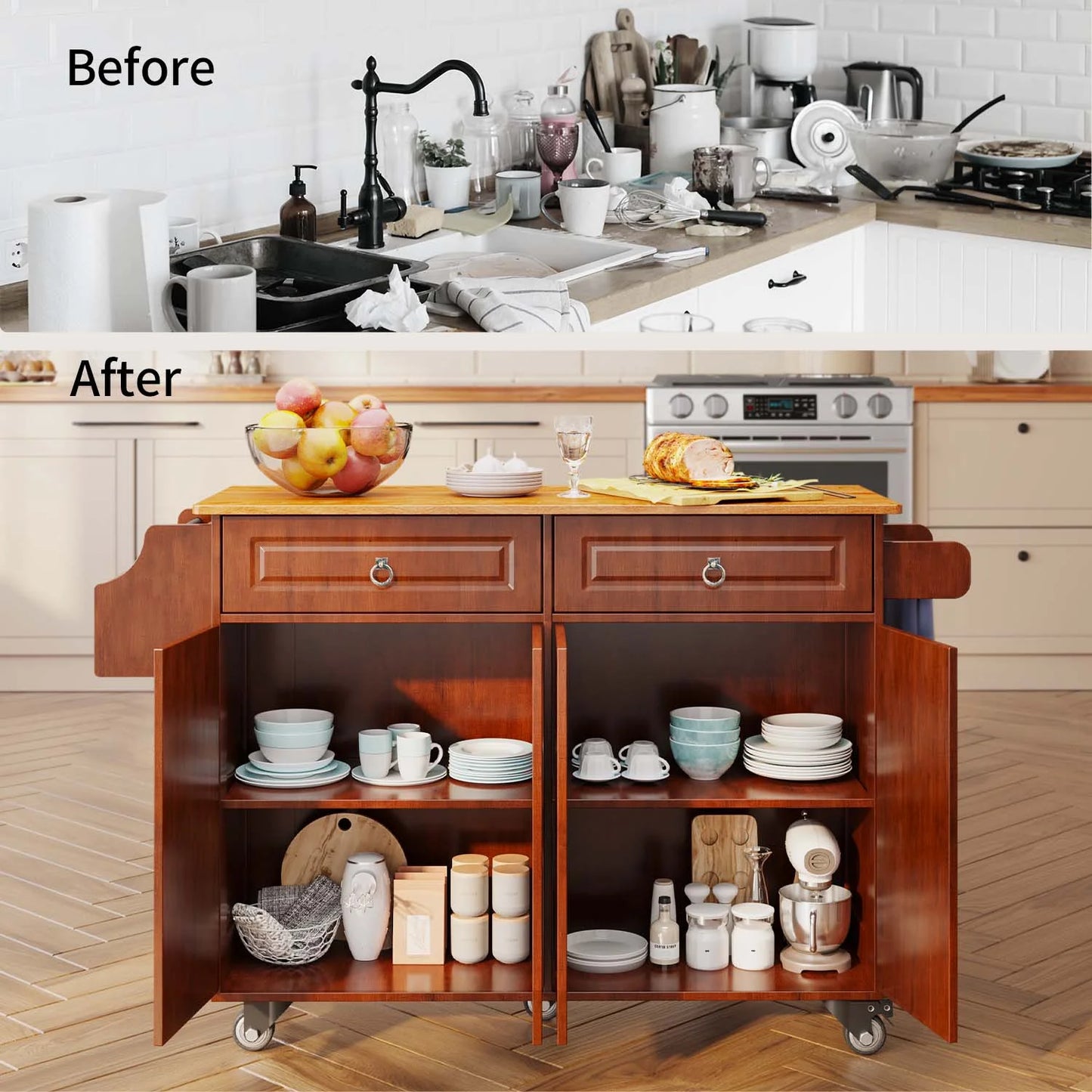 Lofka Kitchen Islands Carts with Storage, 52° kitchen Islands with 2 Storage Cabinet, Spice Rack, Towel Rack, Brown
