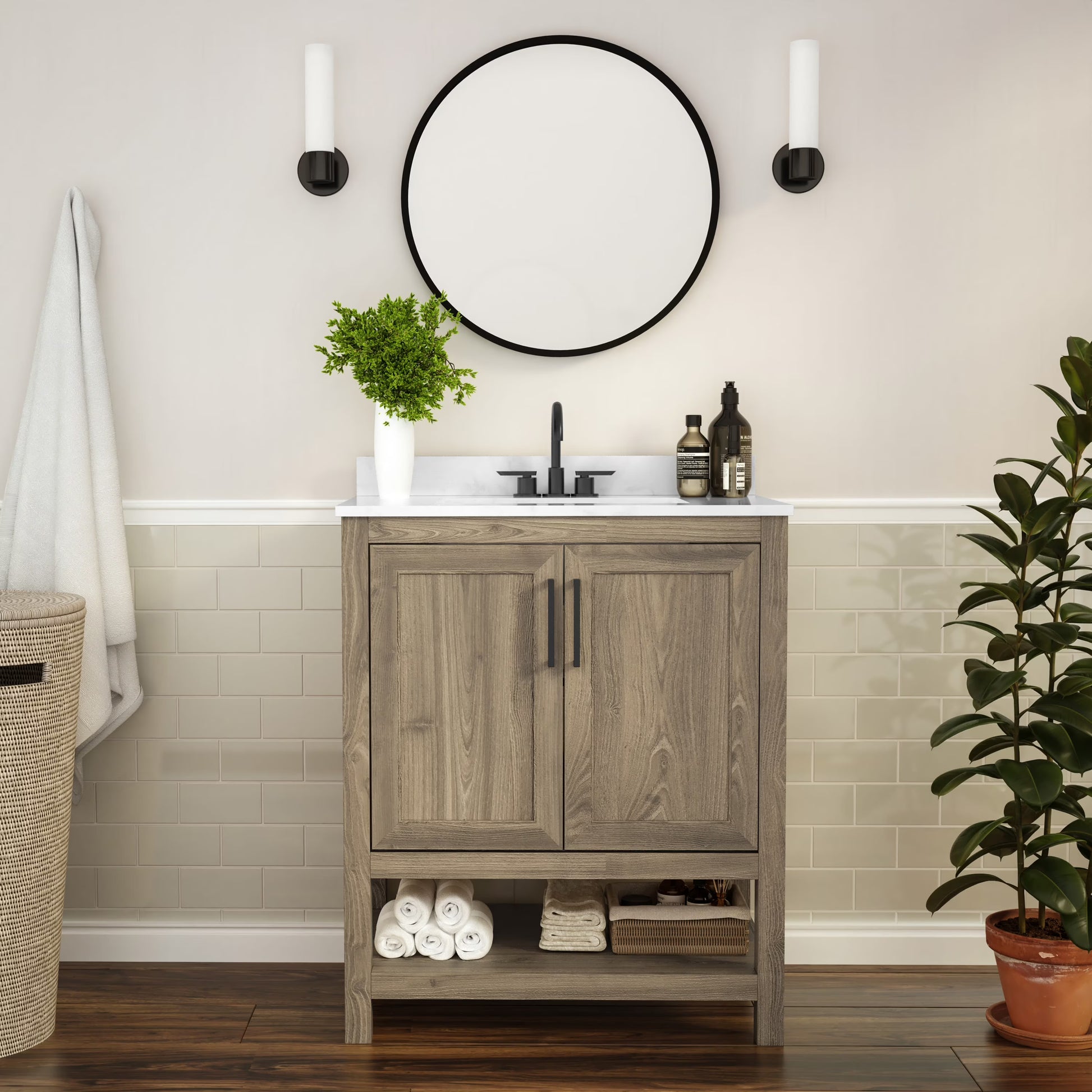 BizChair 24 Inch Bathroom Vanity with Sink Combo, Storage Cabinet with Soft Close Doors and Open Shelf, Carrara Marble Finish Countertop, White/White