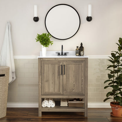 BizChair 24 Inch Bathroom Vanity with Sink Combo, Storage Cabinet with Soft Close Doors and Open Shelf, Carrara Marble Finish Countertop, White/White