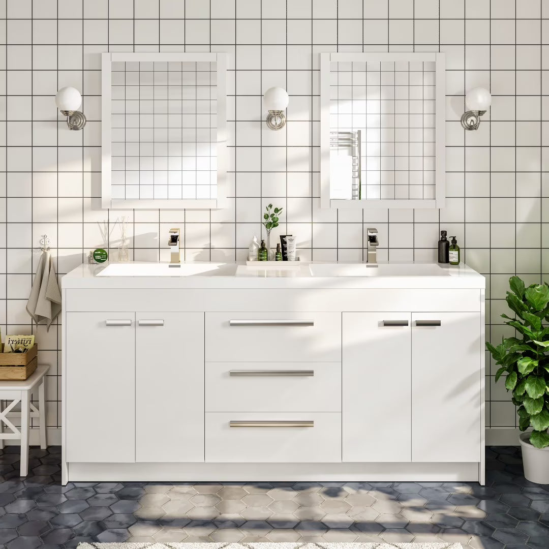 Eviva Lugano 72"W x 20"D White Double Sink Bathroom Vanity with White Acrylic Countertop and Integrated Sinks
