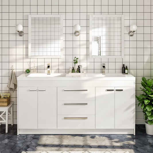 Eviva Lugano 72"W x 20"D White Double Sink Bathroom Vanity with White Acrylic Countertop and Integrated Sinks