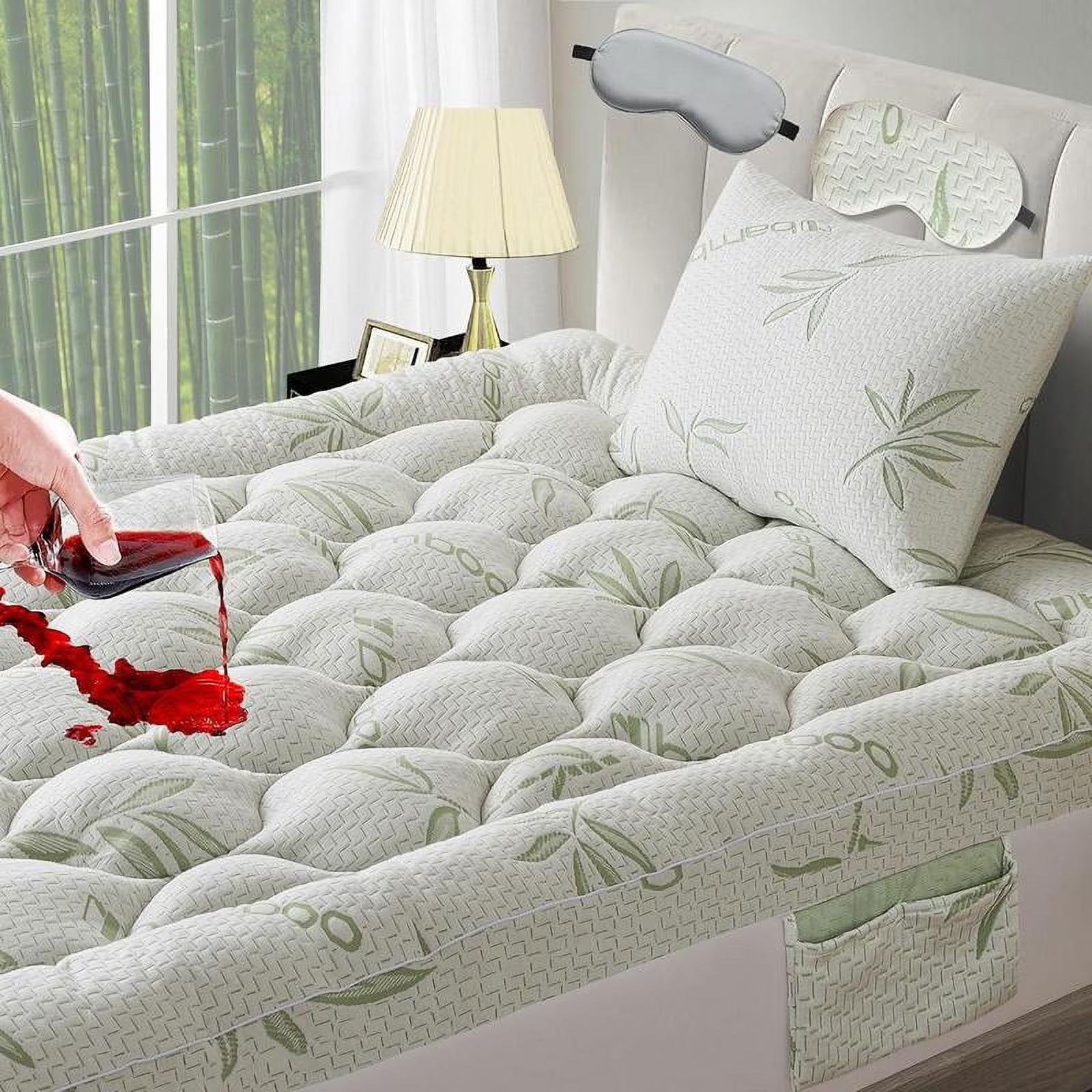 ZuoZuoMing Bamboo Mattress Topper 1000GSM with 1 Pillow Protector& Eye Mask, Side Pocket, Waterproof Mattress Protector, Cooling Extra Thick Breathable Mattress Pad Cover,8-21° Deep