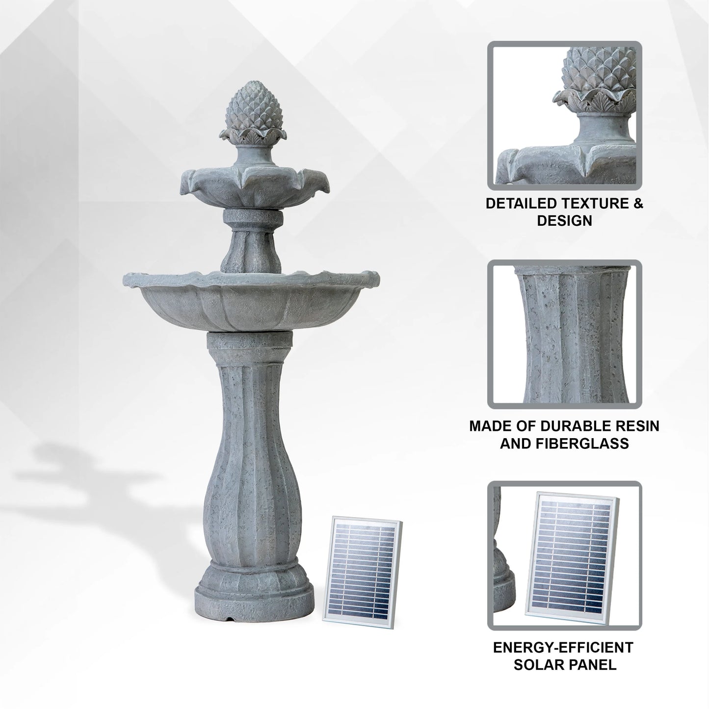 XBrand 44" H White Fiberglass/Resin 2-Tier Solar Water Fountain w/Solar Panel and Auto-Shut Off Pump, Solar Garden Fountain, Tall Outdoor Fountain, Two Tiered Birdbath Fountain