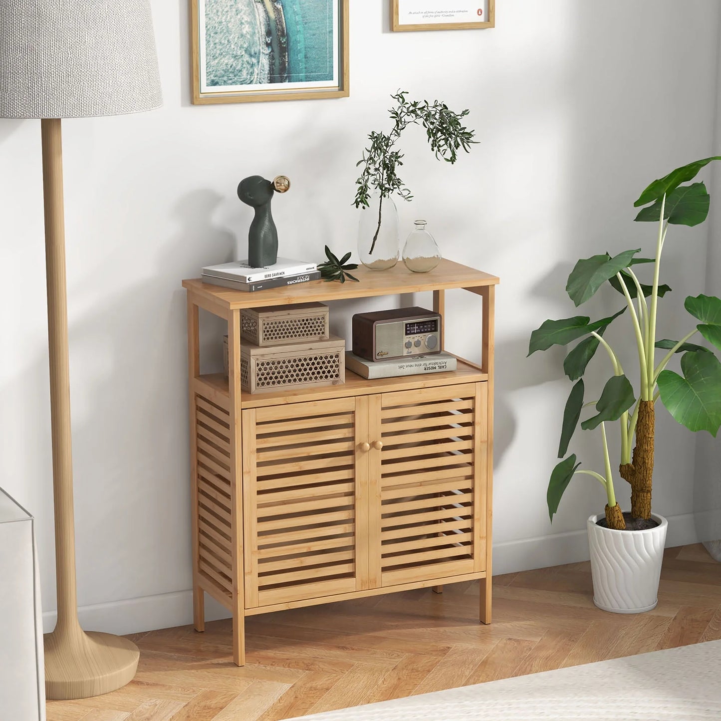 Gymax Bathroom Floor Cabinet Freestanding Bamboo Storage Organizer w/Double Shutter Doors