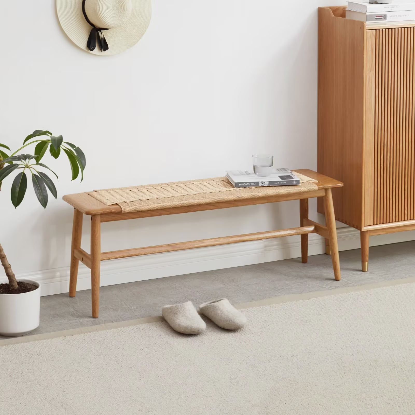 Woven Design Dining Bench, Solid Wood Bed End Bench with 4 Solid Legs and Woven Cover, Long Kitchen Dining Bench for Living Room Dining Room Bathroom, Easy Assembly, Natural