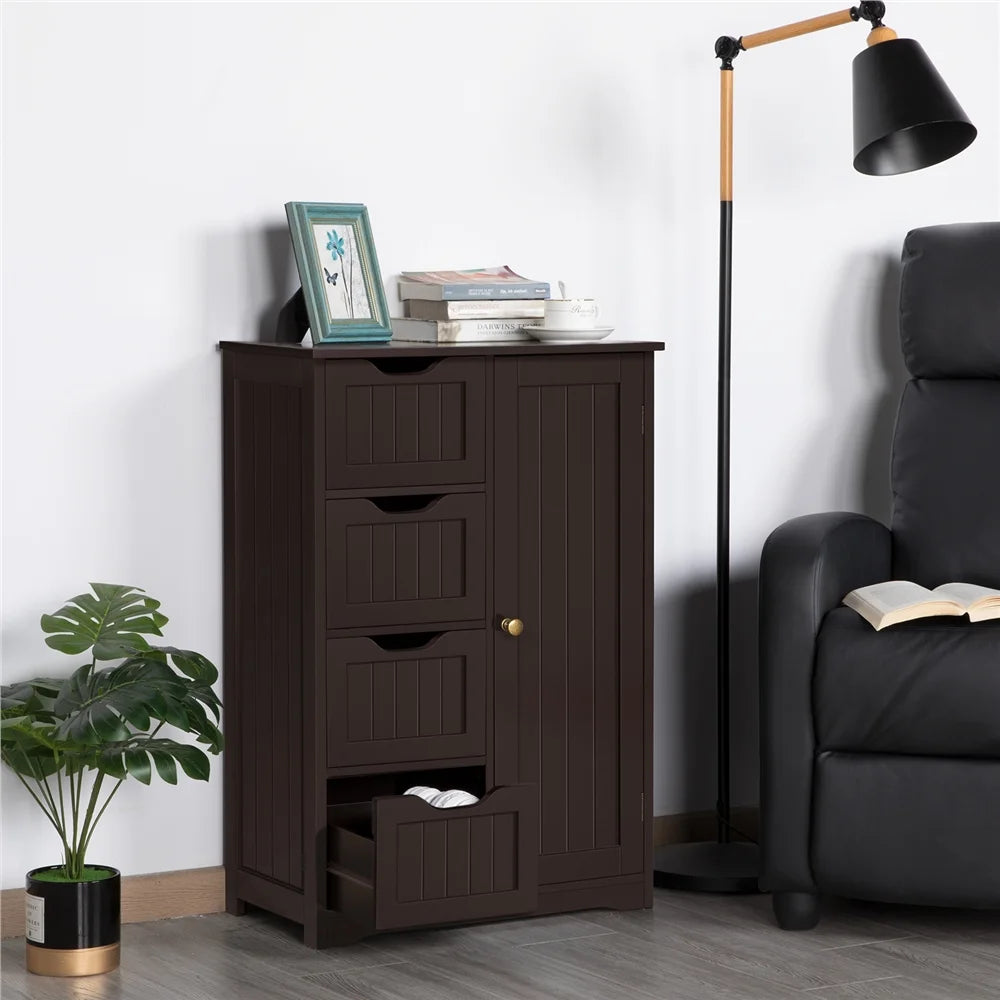 Alden Design Wooden Bathroom Storage Cabinet with 4 Drawers & Cupboard, Espresso