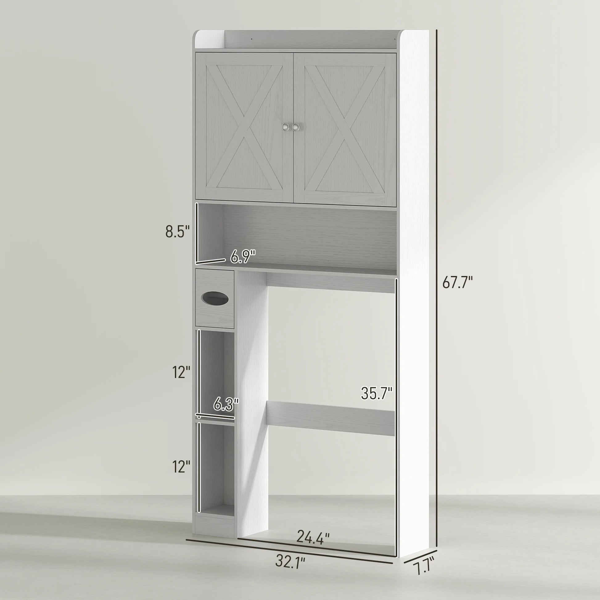 HOMCOM Over the Toilet Storage Cabinet, Farmhouse Above Toilet Bathroom Organizer with Barn Doors, Adjustable Shelf, Toilet Paper Holder, White