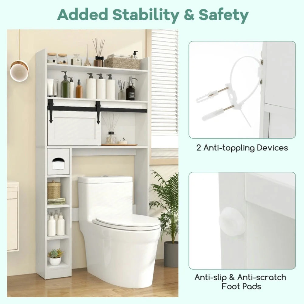 Topcobe Over The Toilet Storage Cabinet with Sliding Barn Door and Adjustable Shelves, Bathroom Furniture, Bathroom Shelves, White