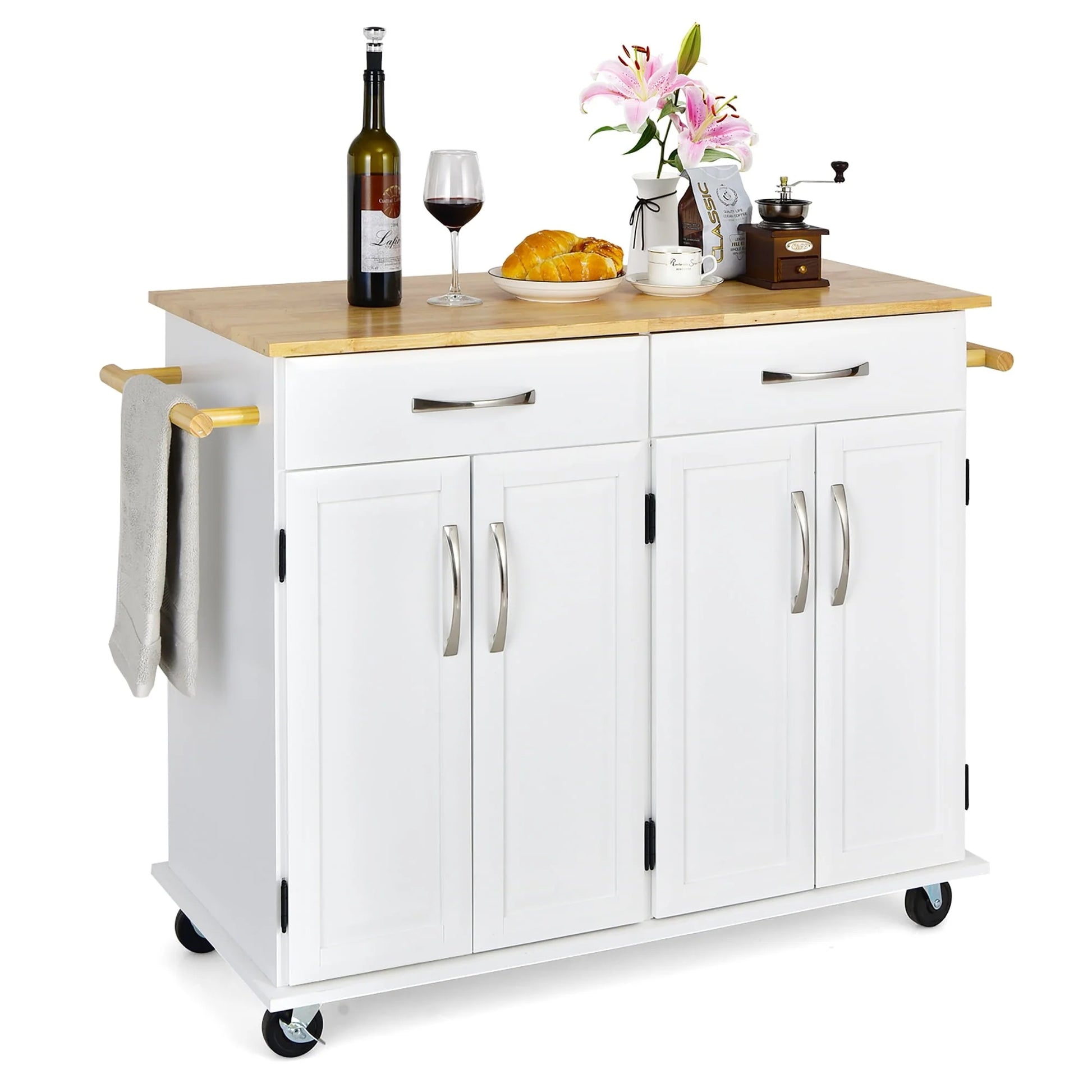 Costway 4-Door Rolling Kitchen Island Cart Buffet Cabinet w/Towel Racks Drawers White