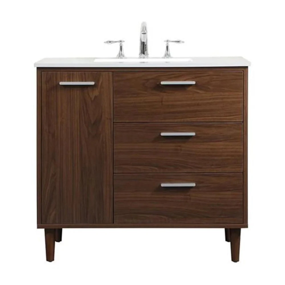 Elegant Decor Baldwin 36" Solid Wood and MDF Bathroom Vanity in Walnut