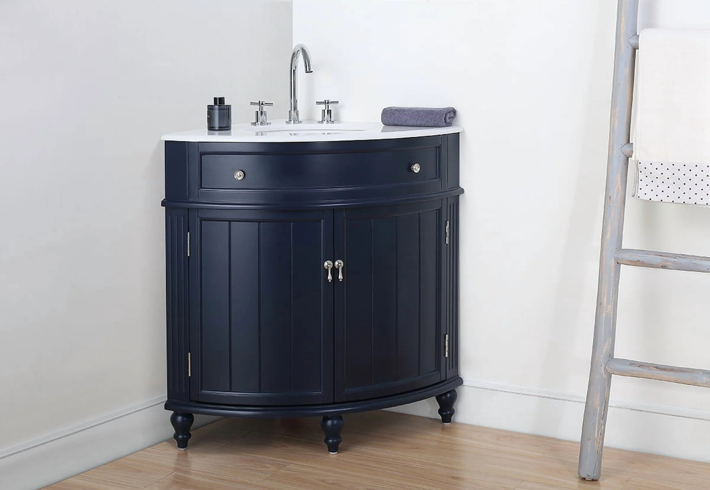 Tennant Brand 24" Navy Blue Corner Bathroom Vanity with White Quartz Top