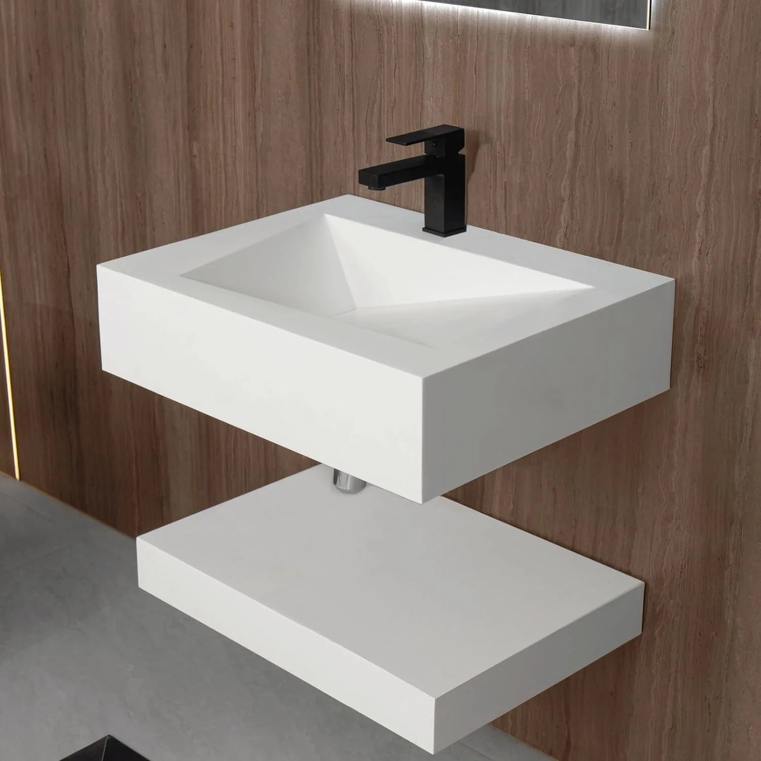 GGISHA 24"x19" Wall-Mount Stone Resin Bathroom Sink Rectangular Vessel Sinks for Bathroom Floating Vanity Sink Trough Modern Art Basin with Shelf Layer