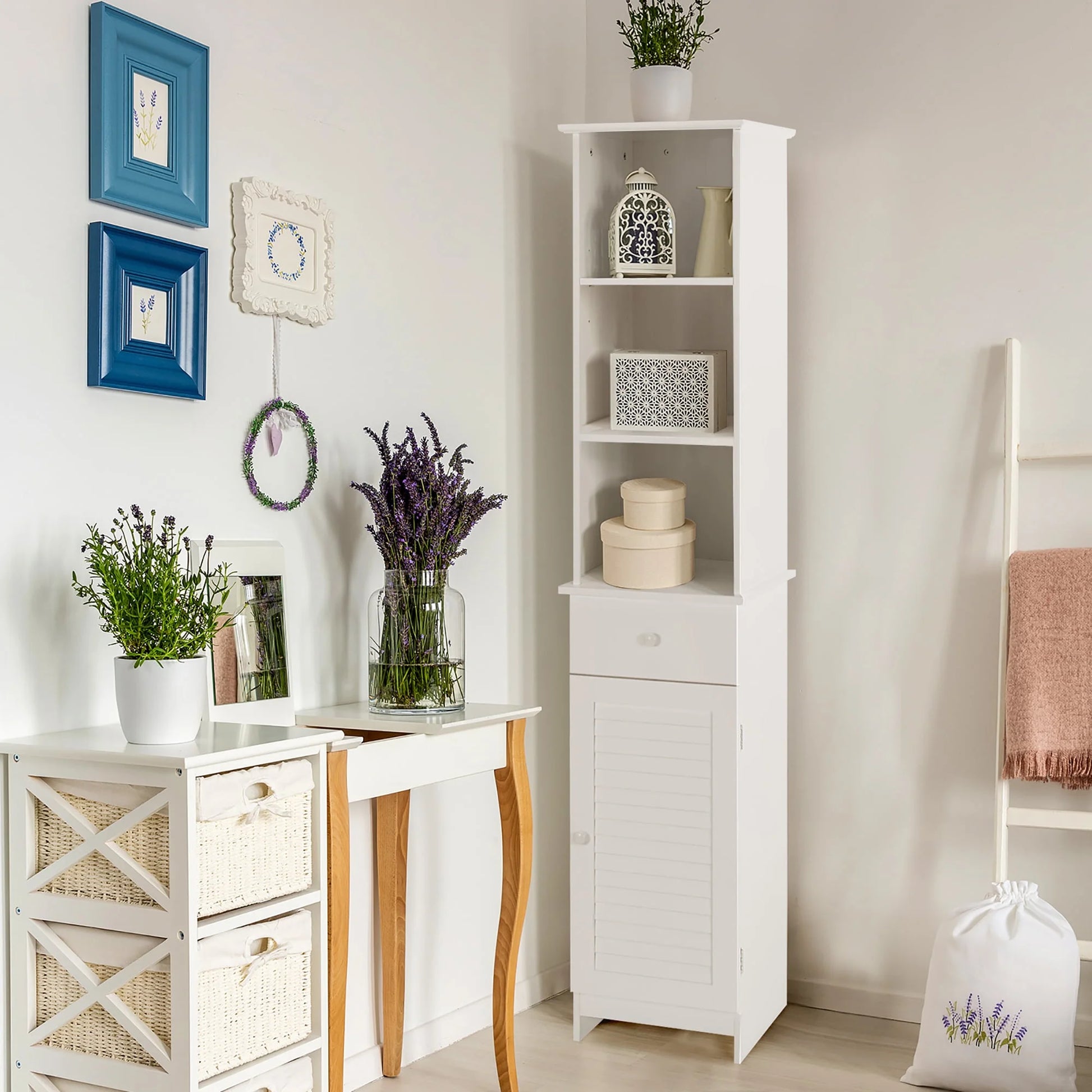 Costway Bathroom Tall Storage Cabinet Freestanding Linen Tower w/Open Shelves & Drawer
