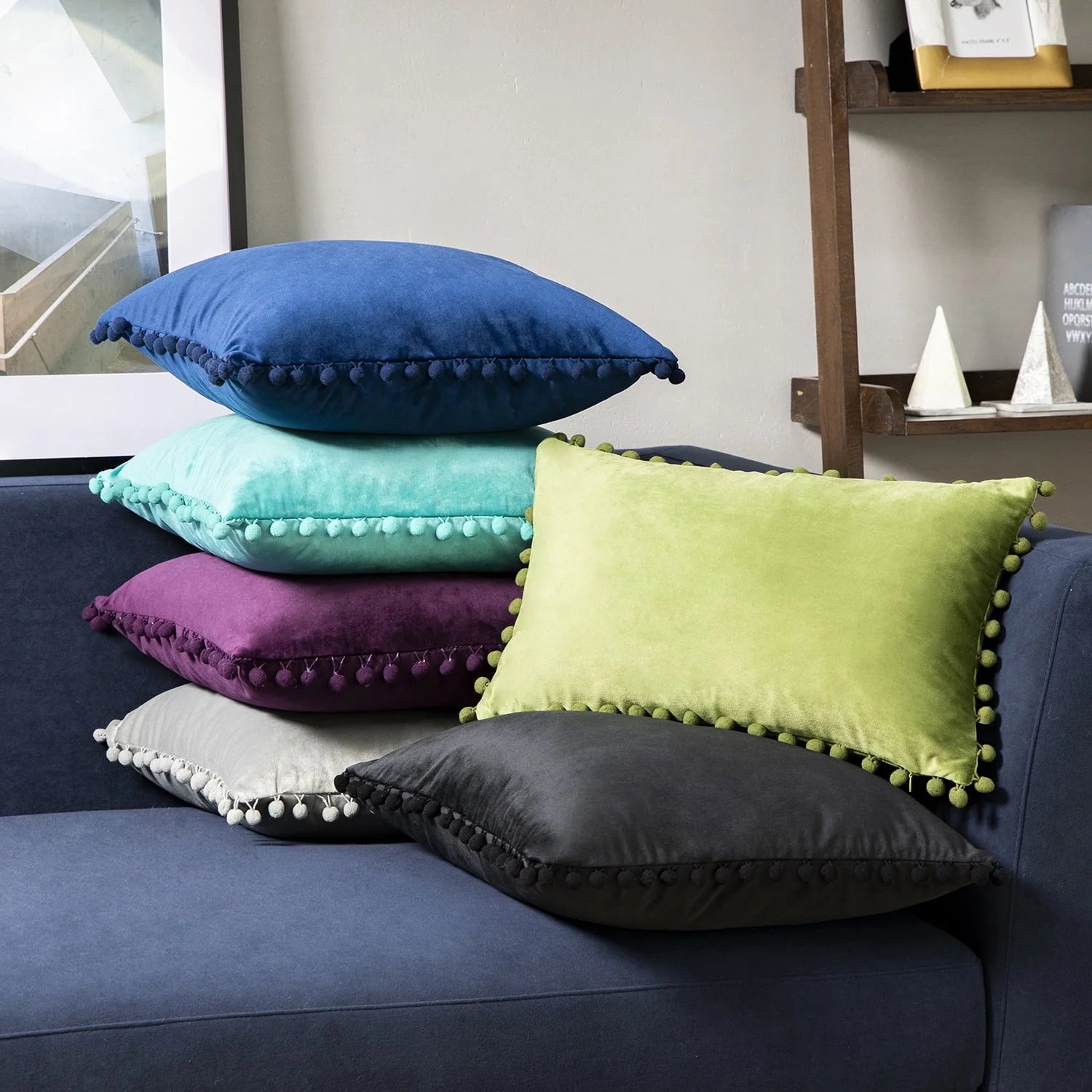 Phantoscope Throw Pillow with Insert,Silky Velvet Series Pom Pom Decorative pillow, 18" x 18", Off White, 2 Pack