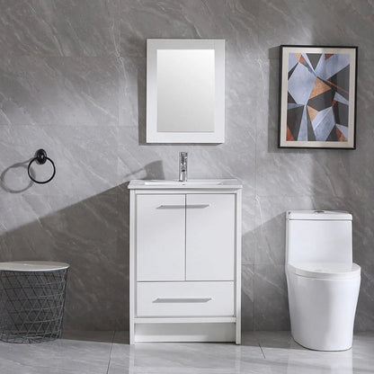 Walsport 24" Luxurious Bathroom Vanity with Ceramic Sink and Countertop and Mirror and Faucet,Double Door Stand Floor Cabinet Bathroom Storage Vanity with Pop Up Drain,White