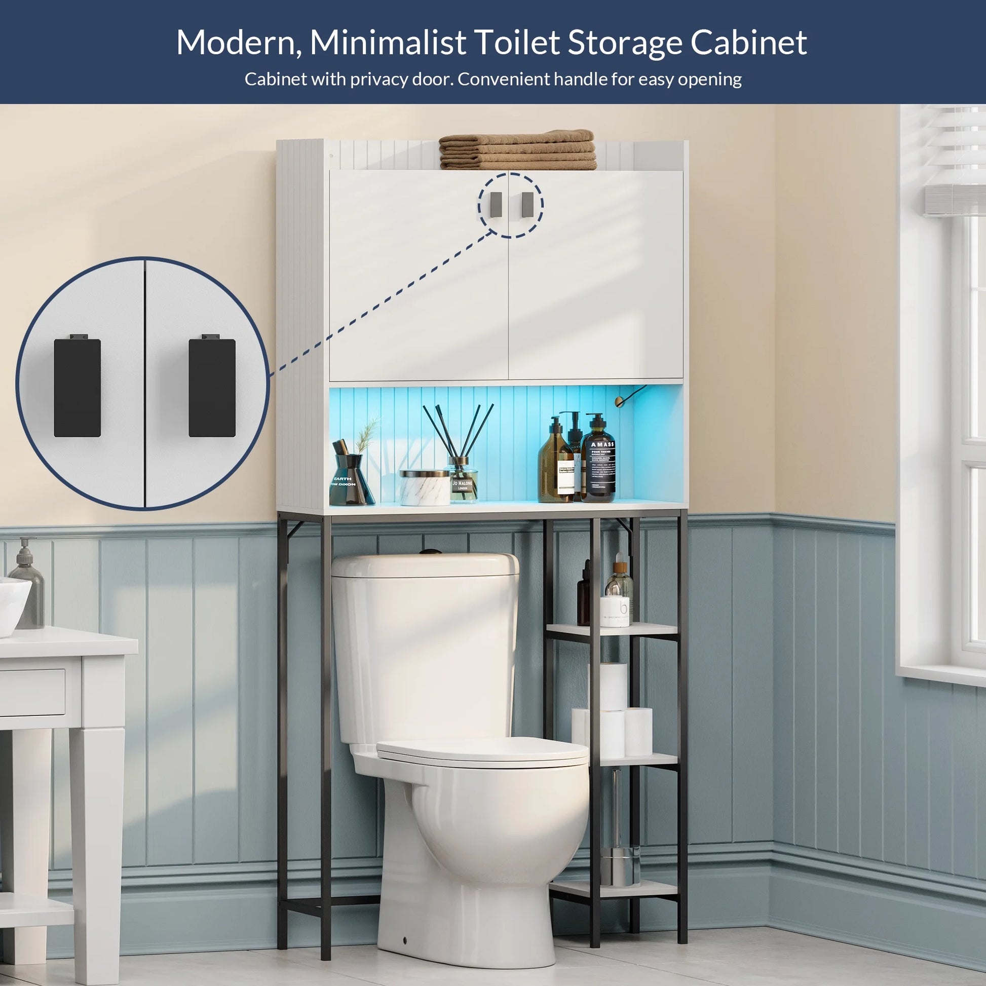 BELLEZE Over The Toilet Storage Cabinet with LED Light, Freestanding Above Toilet Rack with Adjustable Shelf, Bathroom Space Savers Anti-Tipping Device Included - Murano (White)