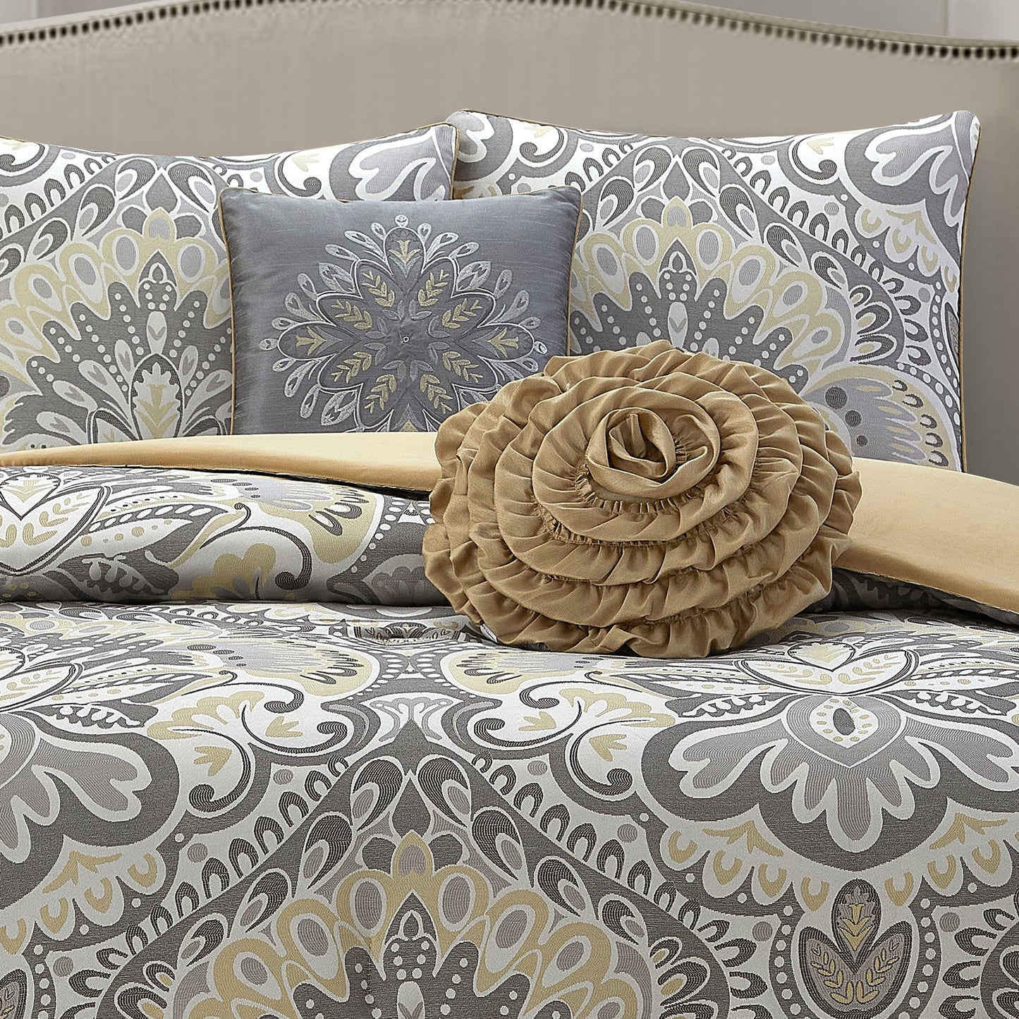 Lanco Luscious Diane 6-Piece Reversible Comforter Bedding Set, California King, Blue Gold, Fill Material Polyester, Floral