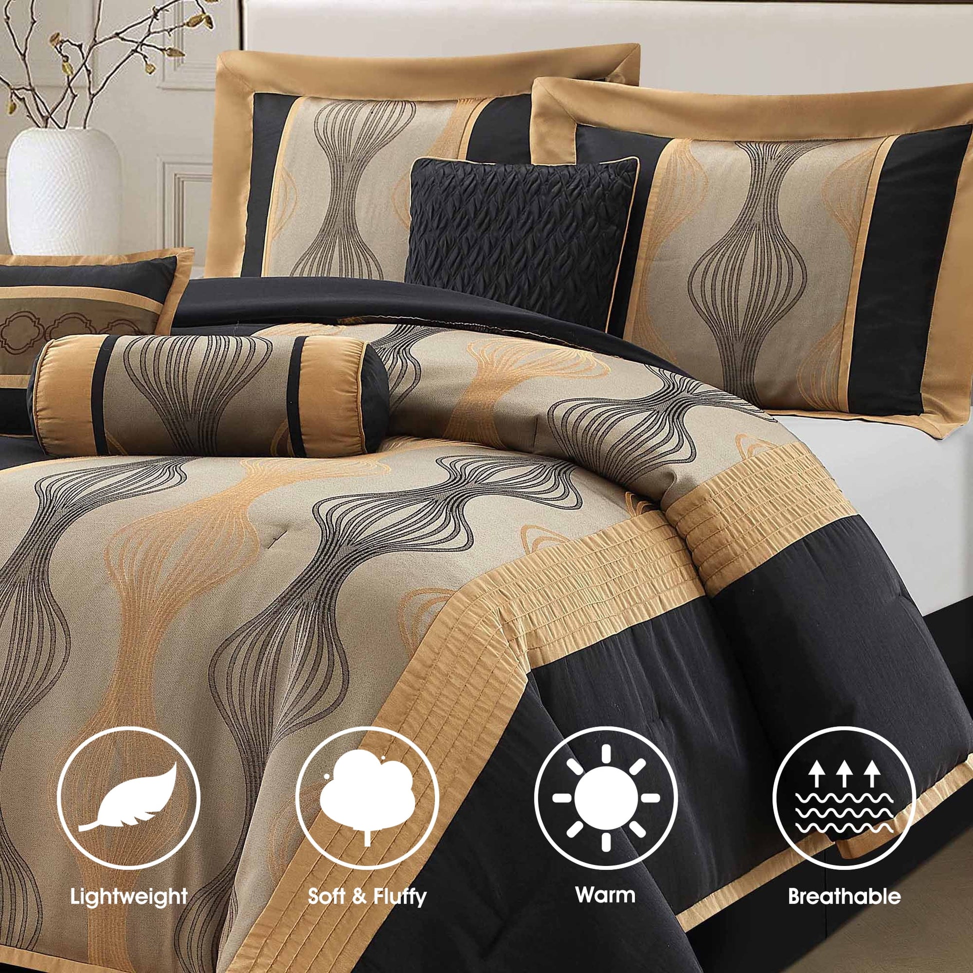 Lanco Elegant Black and Gold Comforter Set,Striped, 7 Pieces Jacquard Bedding Sets with Comforter for All Season, Bed Skirt, Pillows & Shams, Queen Size, Lightweight Microfiber