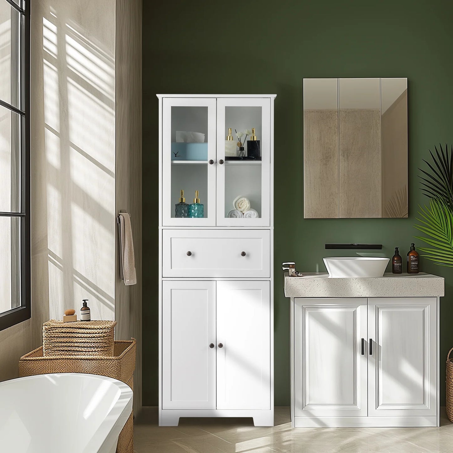 Ktaxon 64" Tall Bathroom Storage Cabinet, Kitchen Pantry, Sideboard Buffet Cabinet Cupboard Wooden with 2 Doors and Adjustable Shelves for Bathroom Kitchen, White