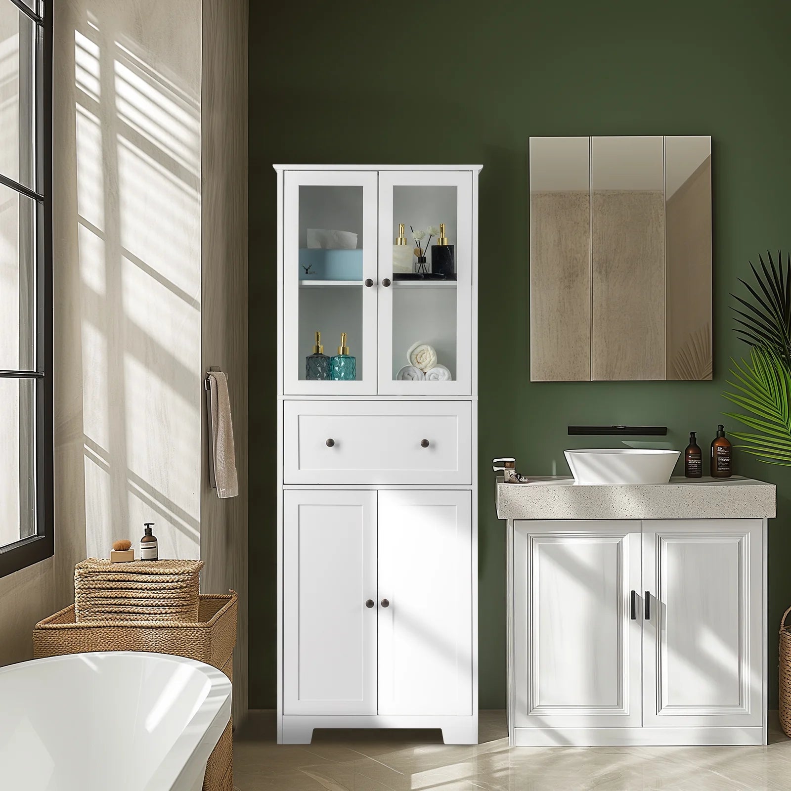 Ktaxon 64" Tall Bathroom Storage Cabinet, Kitchen Pantry, Sideboard Buffet Cabinet Cupboard Wooden with 2 Doors and Adjustable Shelves for Bathroom Kitchen, White