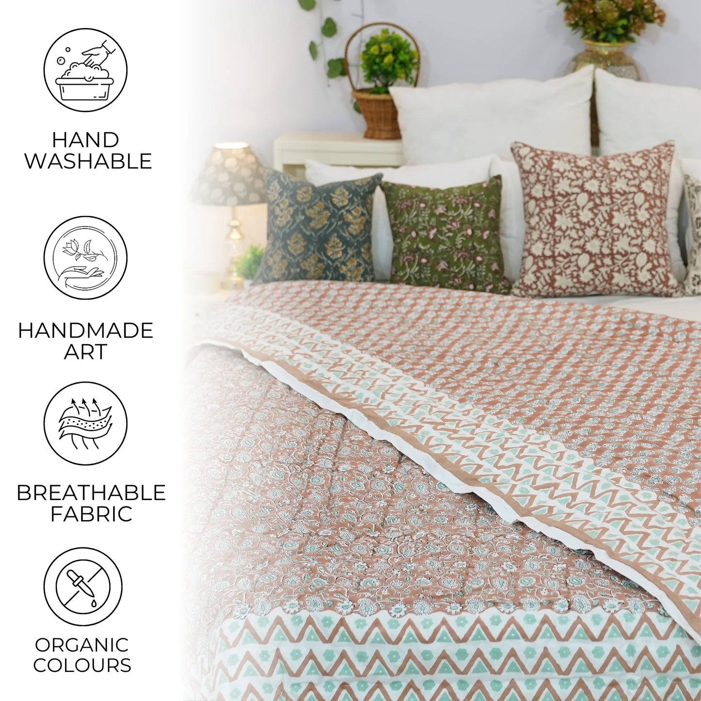 Handmade quilt, block printed floral quilt, boho decorative winter quilt, Indian bedding quilt, throw and blanket for room