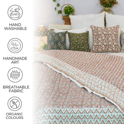 Handmade quilt, block printed floral quilt, boho decorative winter quilt, Indian bedding quilt, throw and blanket for room