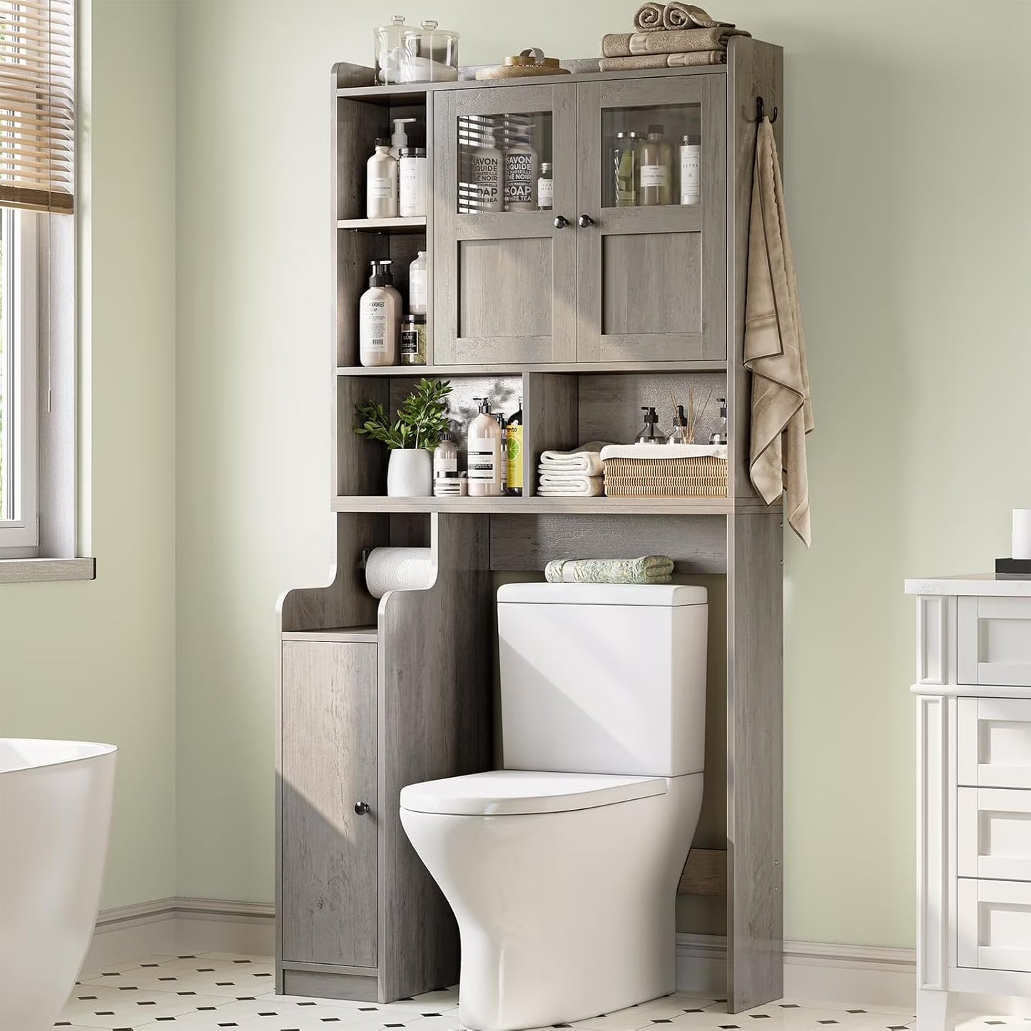 Over The Toilet Storage Cabinet with 3 Doors, Farmhouse Space Saver for Bathroom Organizer with Paper Holder, 10 Shelves and Hooks, 7-Tier Over Washing Machine Cabinet for Laundry, Bathroom, Natural
