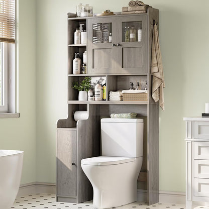 Over The Toilet Storage Cabinet with 3 Doors, Farmhouse Space Saver for Bathroom Organizer with Paper Holder, 10 Shelves and Hooks, 7-Tier Over Washing Machine Cabinet for Laundry, Bathroom, Natural