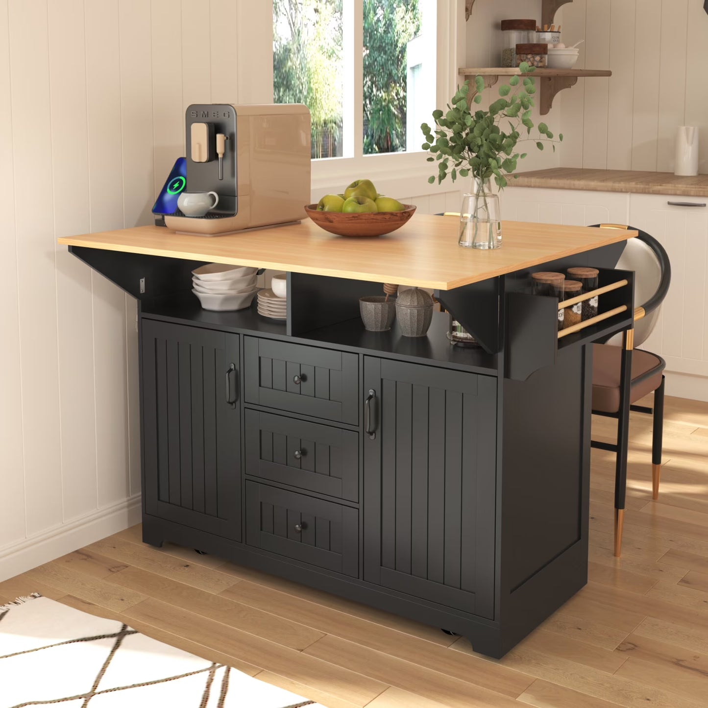 55.7'' Large Kitchen Island with 2 Drop Leaf,, Rolling Kitchen Cart on Wheels with Power Outlet, Spice & Towel Rack and 3 Drawers, Folding Storage Dining Table for Kitchen, Dining Room, Green