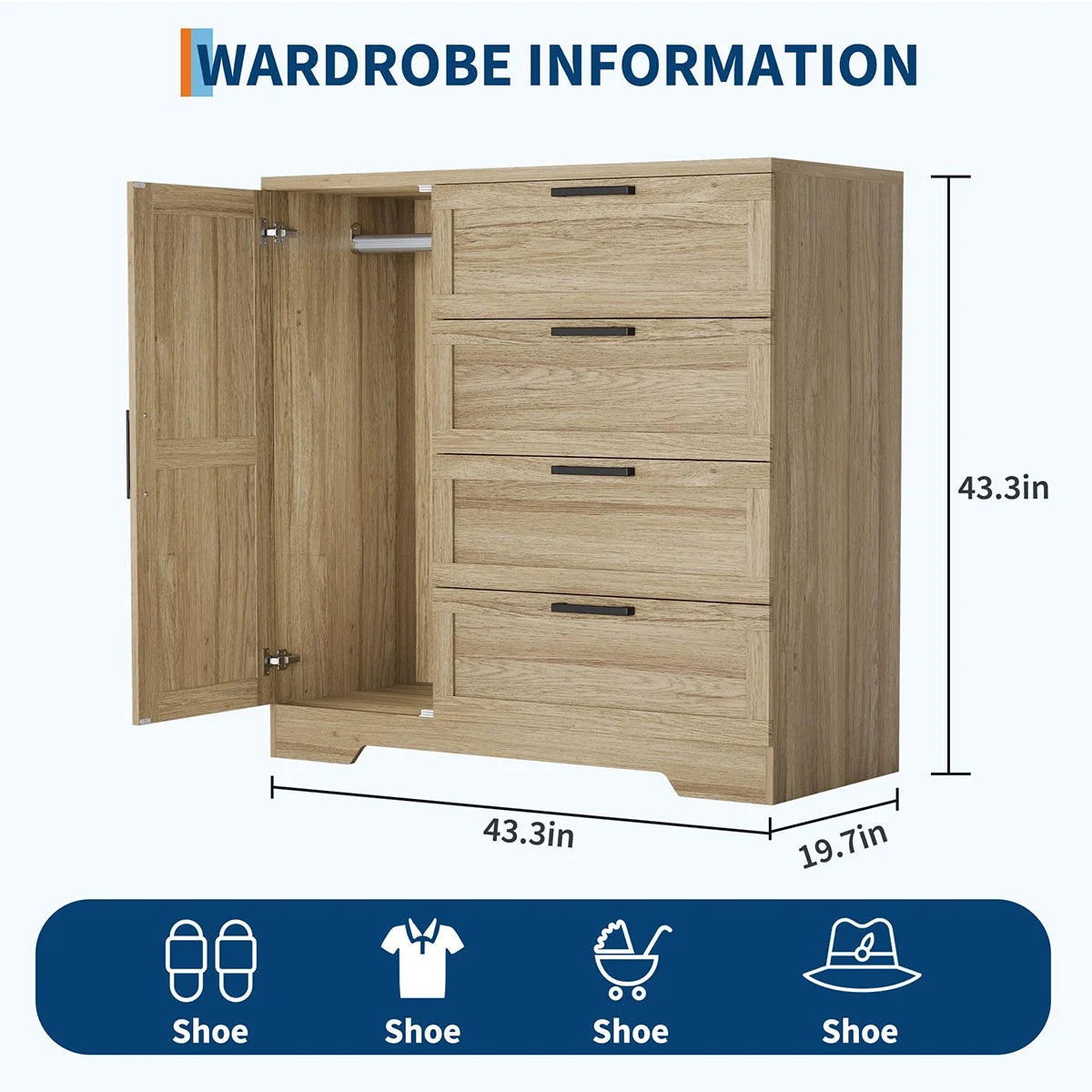 Ataucjin Wood Armoire Wardrobe Closet with 4 Drawers and Door, 43.3" H Bedroom Wardrobe Cabinet with Hanging Rod, Clothing Storage Cabinets, 4 Drawers Dresser with Storage Closet
