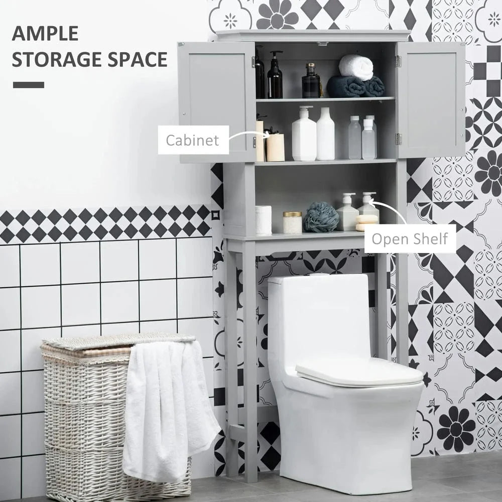 Kepooman Toilet Storage Cabinet, Toilet Organizer Cabinet,Modern Over The Toilet Storage Cabinet, Double Door Bathroom Organizer with Open Shelf, Grey
