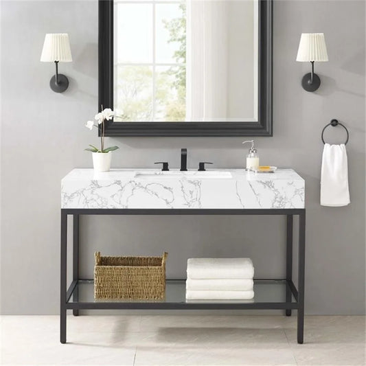 Modway Kingsley 50" Black Stainless Steel Bathroom Vanity in Black White