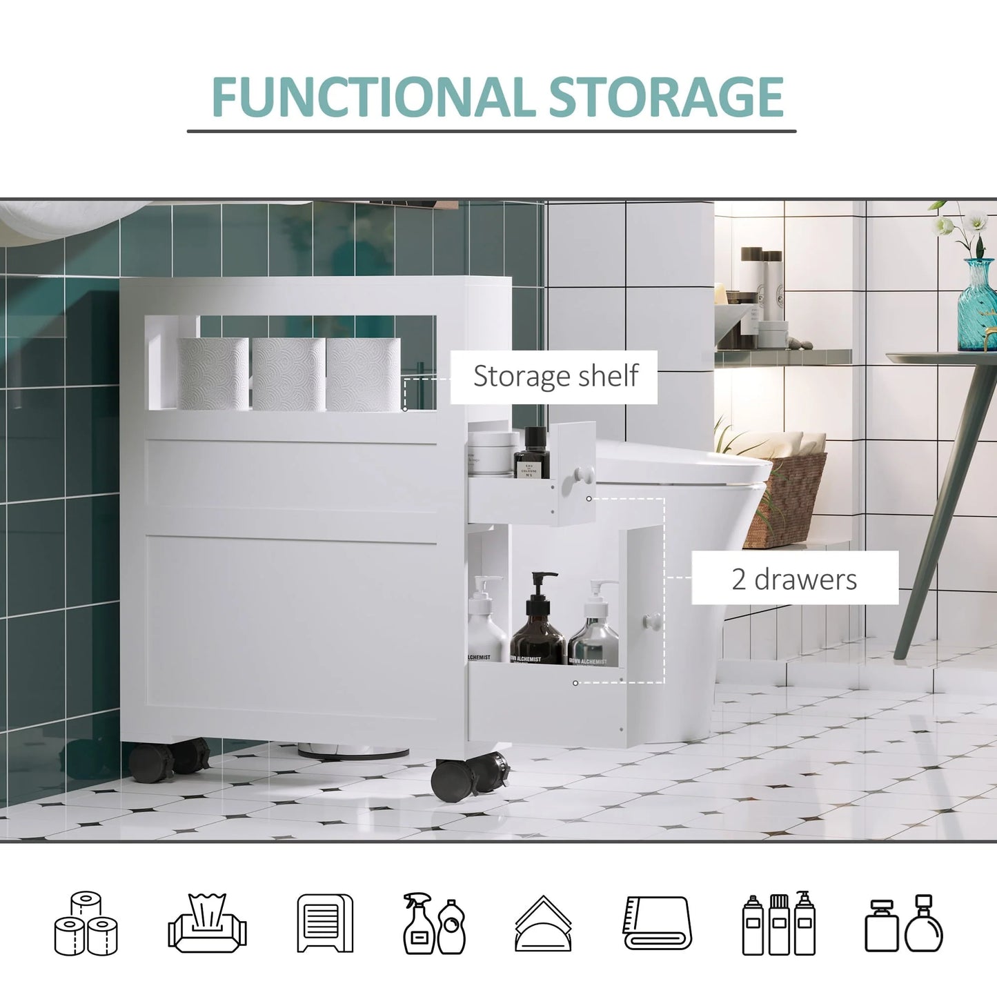 Homcom Wood Rolling Bathroom Side Storage Cabinet, White