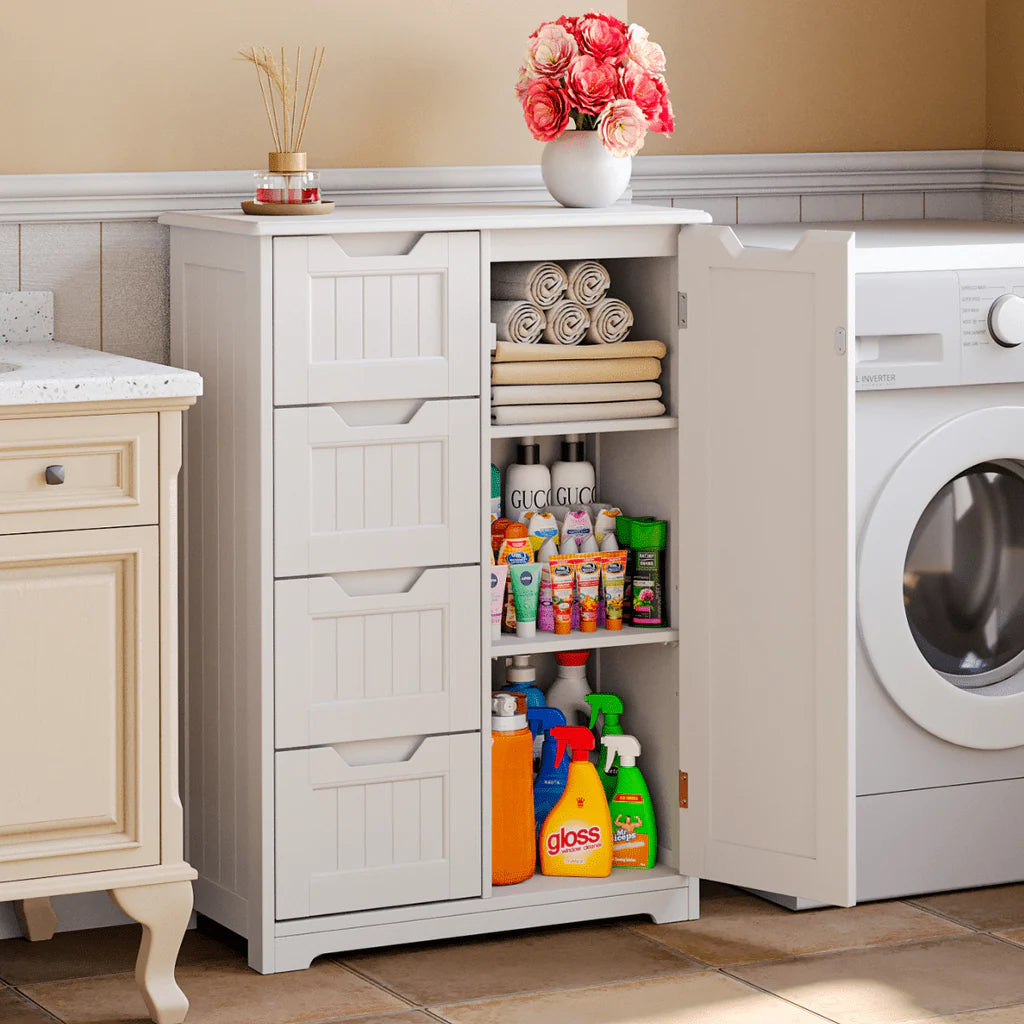 Aiho 33.5 "H Wooden Bathroom Floor Cabinet with 4 Drawers and 1 Door for Bathroom, Kitchen, Bedroom - White