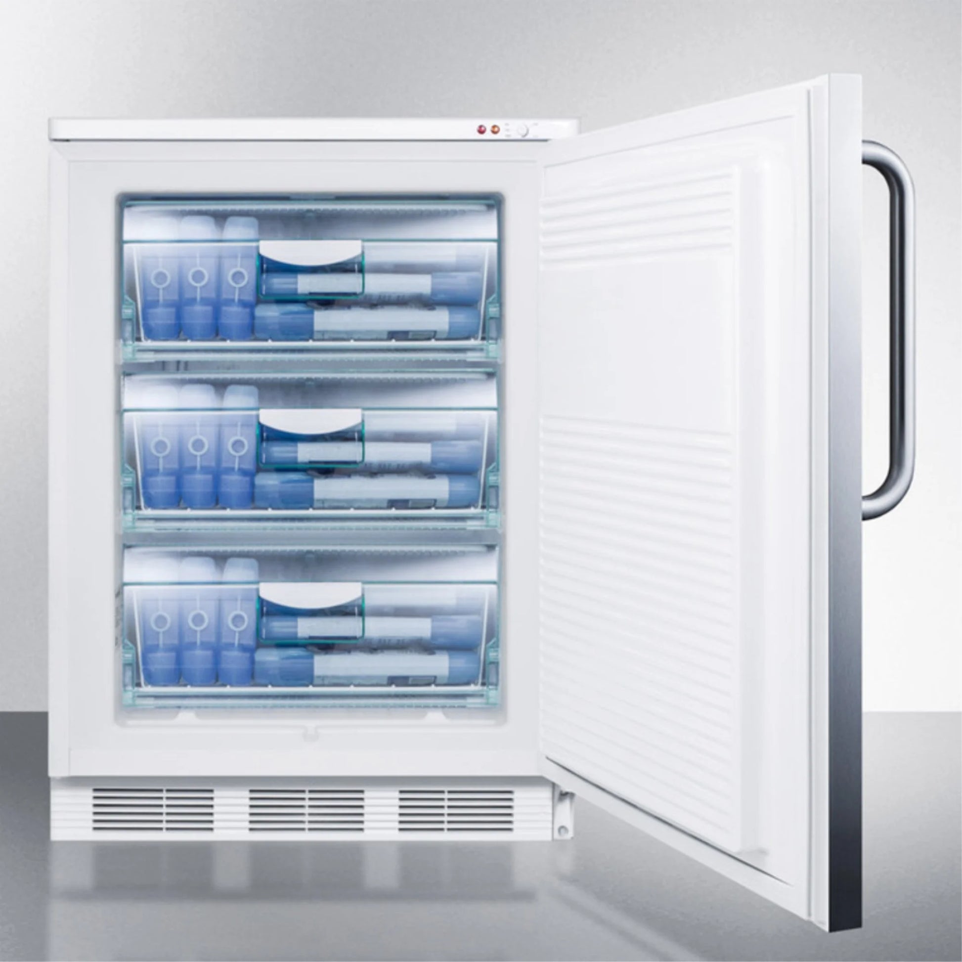 Freestanding medical all-freezer capable of -25 C operation, with front lock, wrapped stainless steel door and towel bar handle