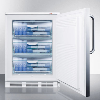 Freestanding medical all-freezer capable of -25 C operation, with front lock, wrapped stainless steel door and towel bar handle