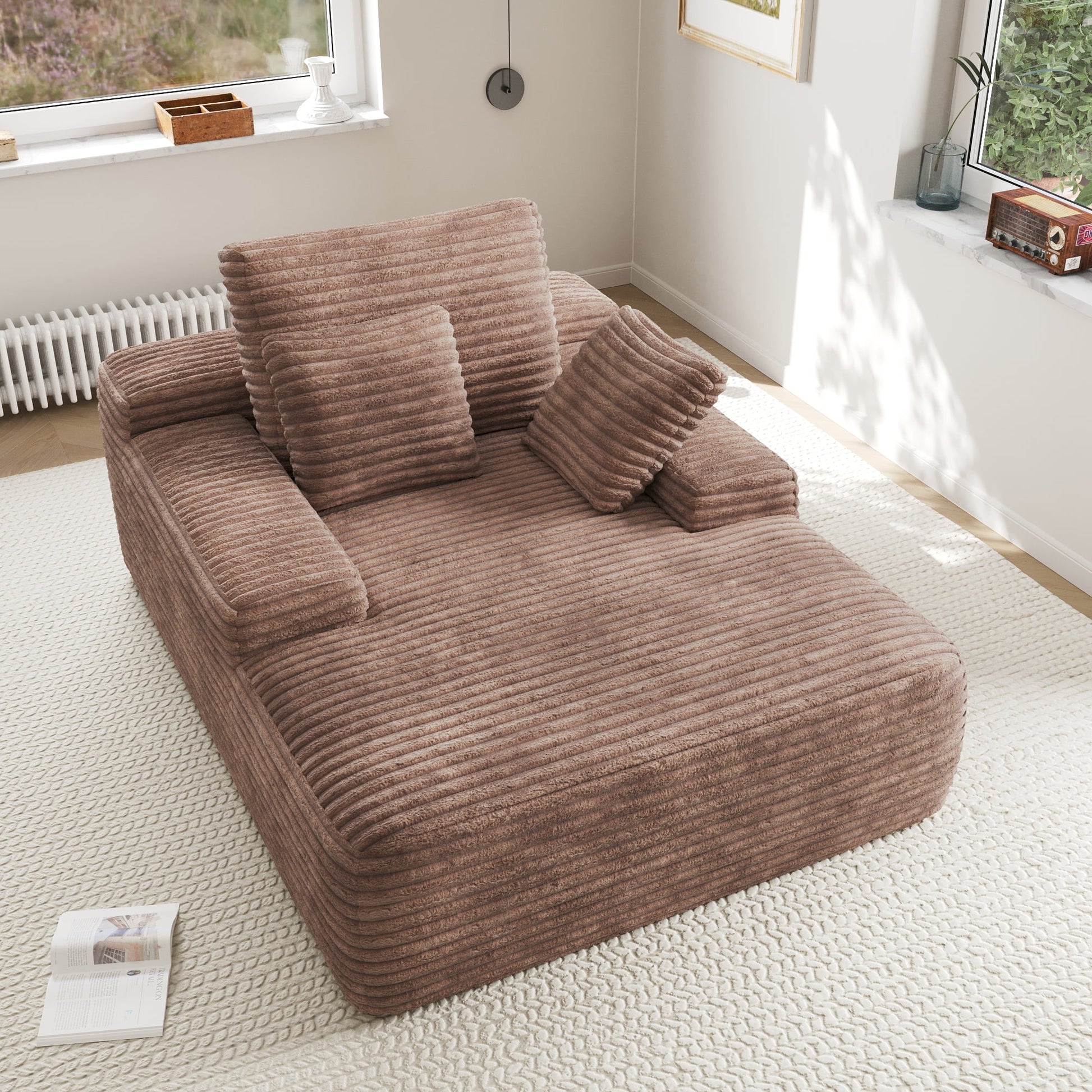 Sodrens Oversized Chaise Lounge Chair Indoor,Upholstered Sofa Bed with Throw Pillows and Armrests,Sleeper Chair for Living Room,Bedroom,Brown,Corduroy