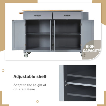 54.3" Kitchen Island Cart, Modern Solid Wood Storage Cabinet with Locking Wheels, 4 Door, Spice Rack, Towel Rack and Two Drawers, Rolling Mobile Kitchen Island Table, Blue