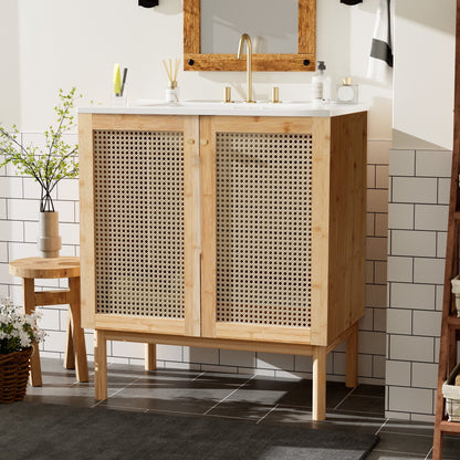 Harper & Bright Designs 30" Rattan Bathroom Vanity Combo with Ceramic Sink, Bathroom Vanity Cabinet with Soft Close Doors, Wood
