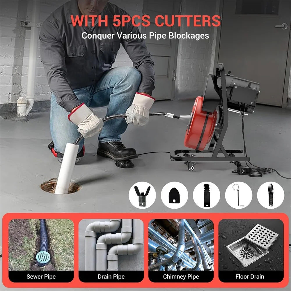 50FTx1/2 Inch Drain Cleaner Machine, Sewer Snake Electric Drain for 2" to 4" Pipes, Plumbing Snake Auger Cleaner with Wheels & 4 Cutter & Foot Switch for Sewer, Sink, Toilet, Bathroom and Shower