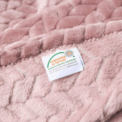 Exclusivo Mezcla Large Flannel Fleece Throw Blanket, Jacquard Weave Leaves Pattern (50" x 70", Pink) - Soft, Warm, Lightweight and Decorative