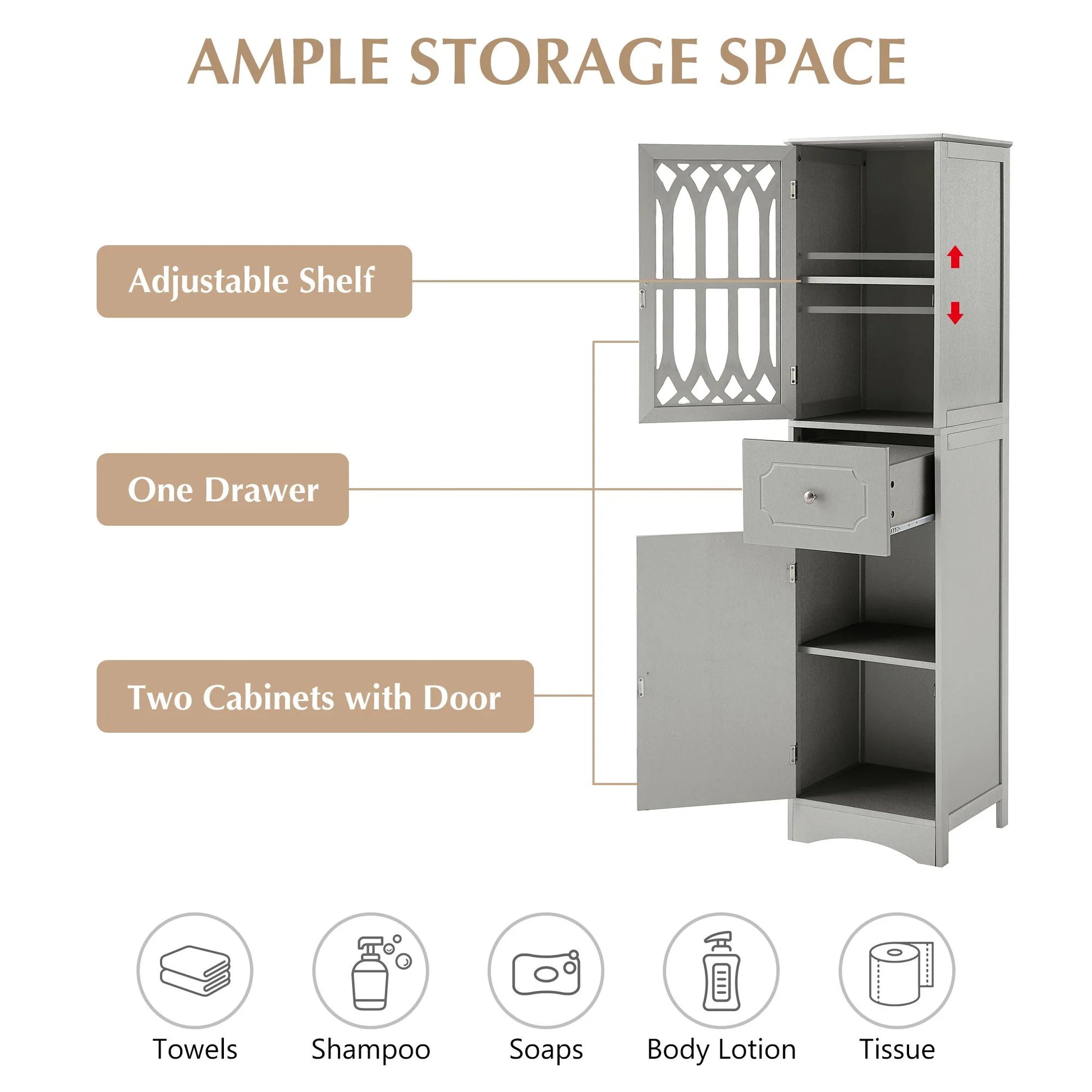 DEALTOPS Modern Bathroom Cabinet with Drawer and 2 Cabinets, Slim Freestanding Storage Cabinet with adjustable shelf for Bathroom - Gray