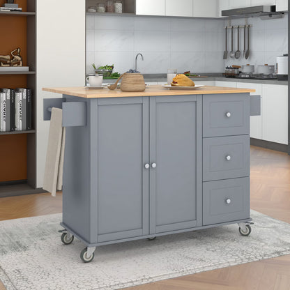 52.7" Width Rolling Mobile Kitchen Island with Solid Wood Top and Locking Wheels, Moveable Kitchen Island Cart with Storage Cabinet, Drop Leaf Breakfast Bar, Spice Rack, Towel Rack, Drawer