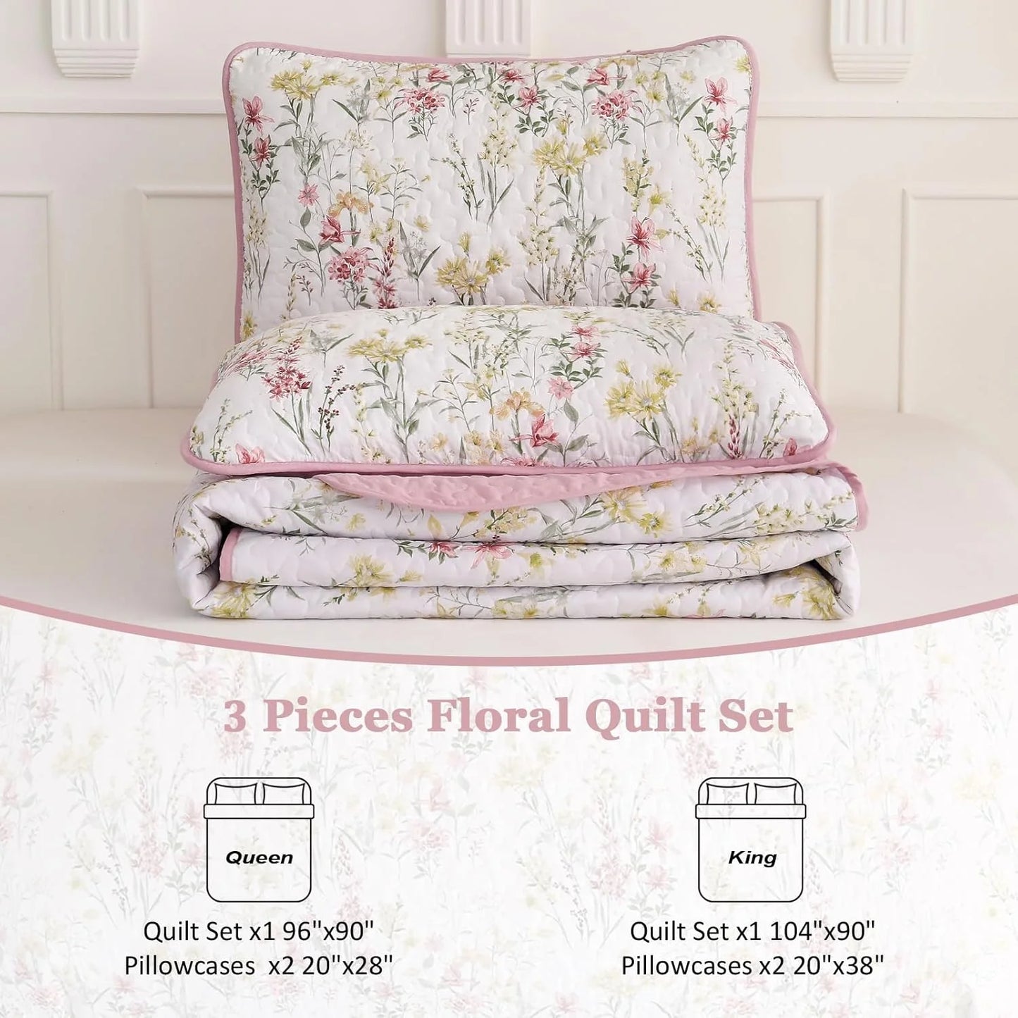 King Size Quilt Set, Pink Floral Pattern Quilt Bedding Set King, 3 Pieces Botanical Quilt Soft Microfiber Bed Coverlet for All Season(104" x 90")