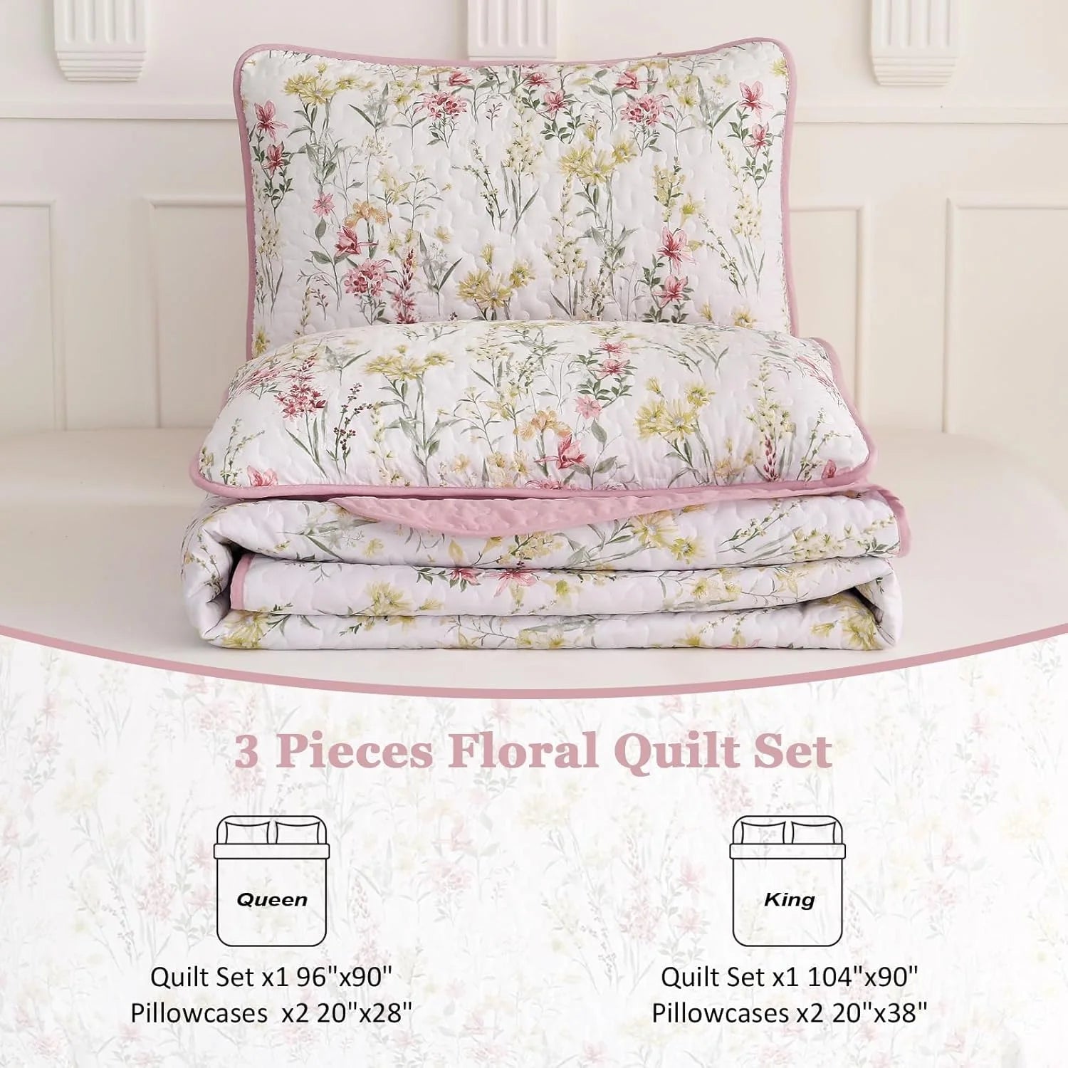 King Size Quilt Set, Pink Floral Pattern Quilt Bedding Set King, 3 Pieces Botanical Quilt Soft Microfiber Bed Coverlet for All Season(104" x 90")