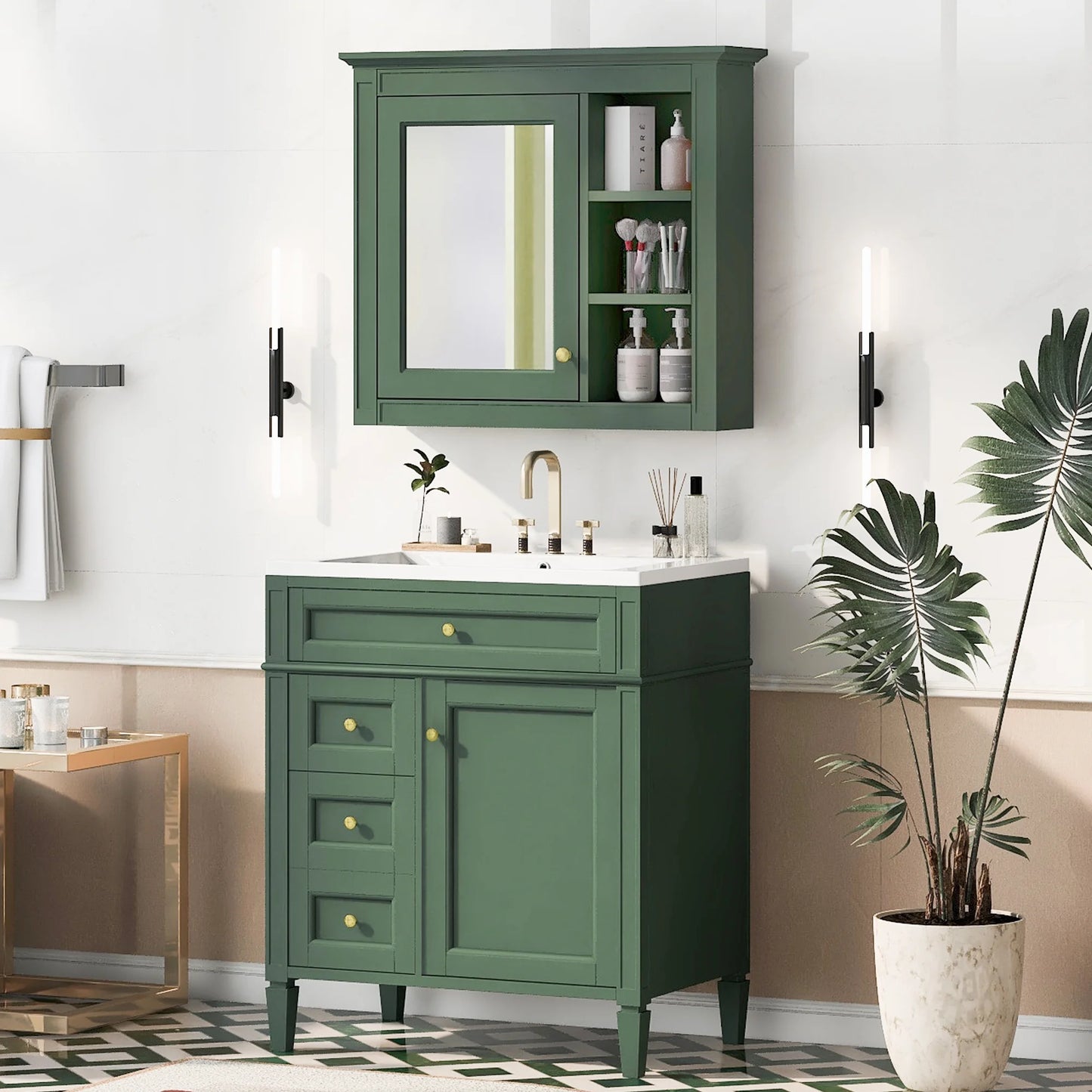 30'' Bathroom Vanity with Top Sink, Freestanding Vanity Set with Mirror Cabinet,Green