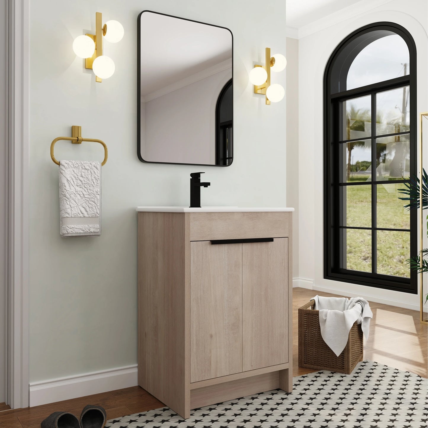 BNK 24/30/36 inch Freestanding Single Sink Bathroom Vanity with Soft Close Door and 1 adjustable shelf 24"W x 18.3"D x 35"H - Plain Light Oak