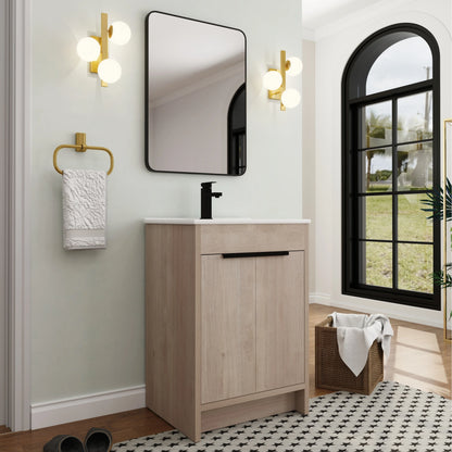 BNK 24/30/36 inch Freestanding Single Sink Bathroom Vanity with Soft Close Door and 1 adjustable shelf 24"W x 18.3"D x 35"H - Plain Light Oak