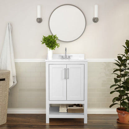 BizChair 24 Inch Bathroom Vanity with Sink Combo, Storage Cabinet with Soft Close Doors and Open Shelf, Carrara Marble Finish Countertop, White/White