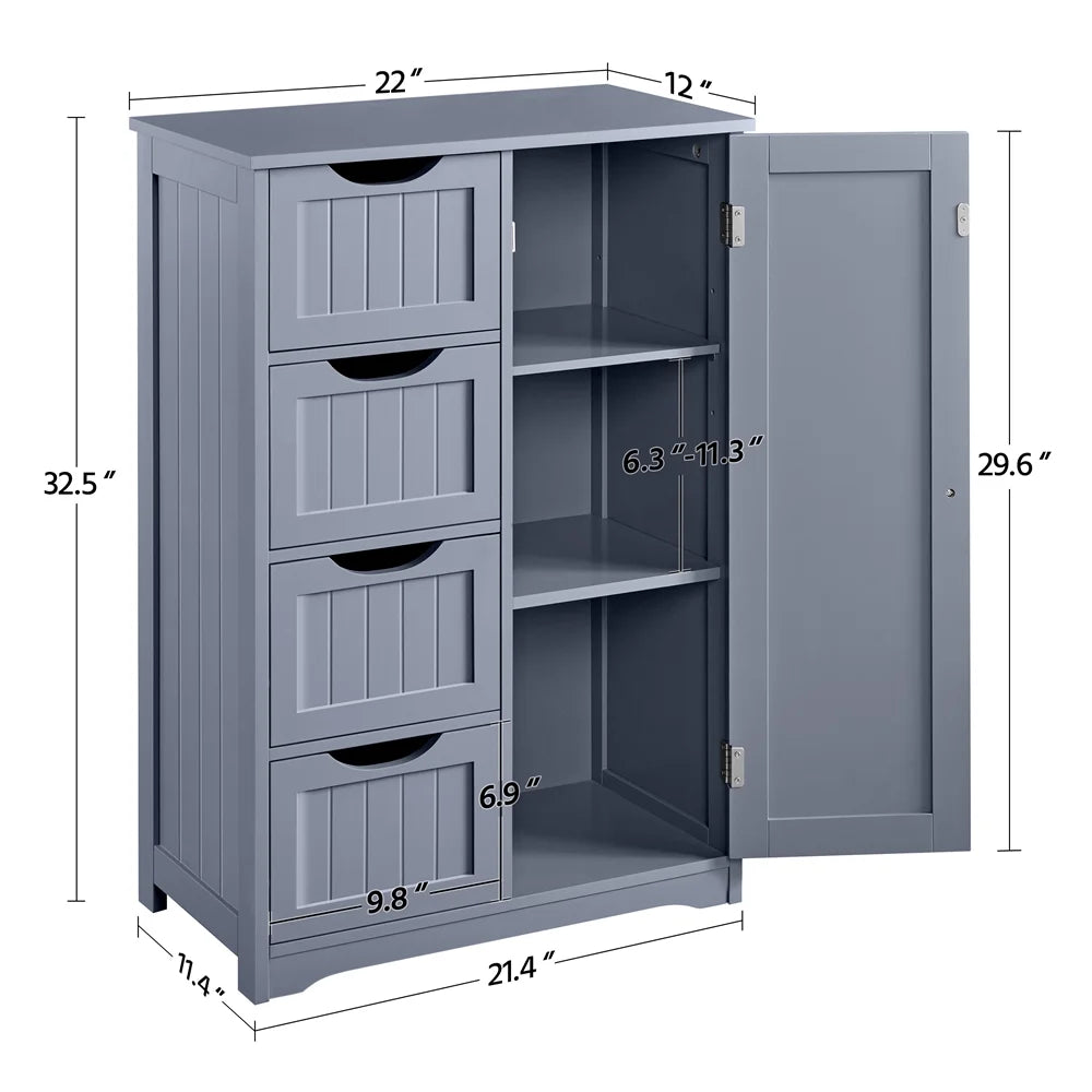 Yaheetech Wooden Cabinet Storage Unit with 4 Drawers & Cupboard for Bathroom, White